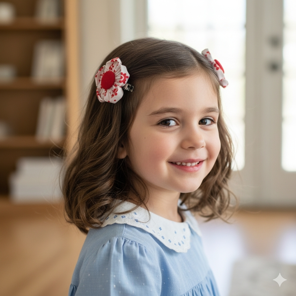 Handmade White/Red Flower Hair Clip 2pc Set
